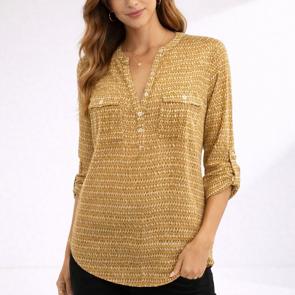 Anthro Holding Horses Tulip Print Blouse 0 Mustard Popover Roll Tab Sleeve